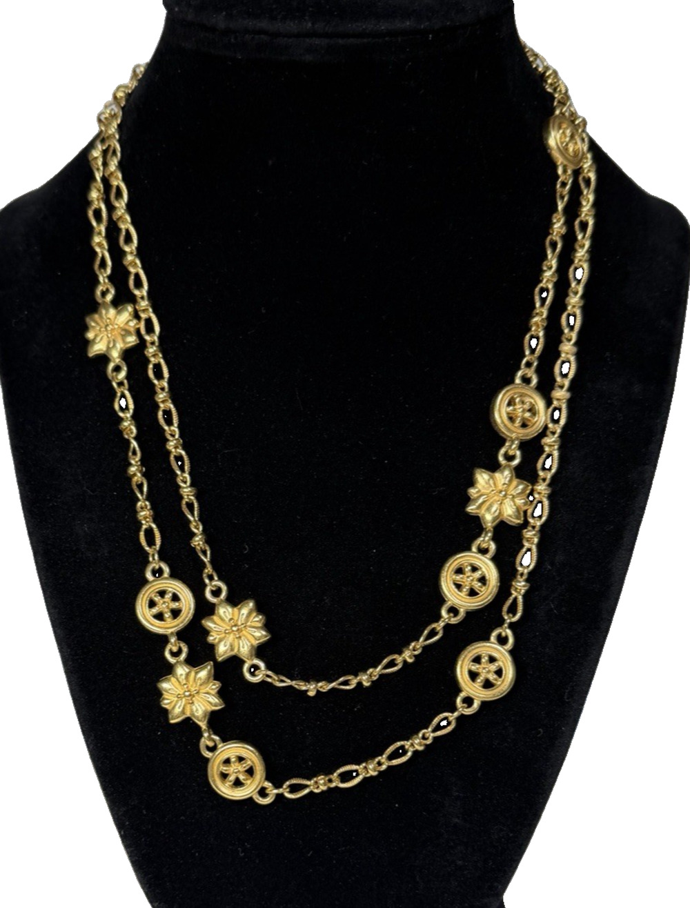 Monet Hanging Charm Gold Fancy Chain Necklace Long Floral Nautical Links 36"